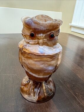 Vintage Imperial Glass Company caramel slag glass owl covered jar